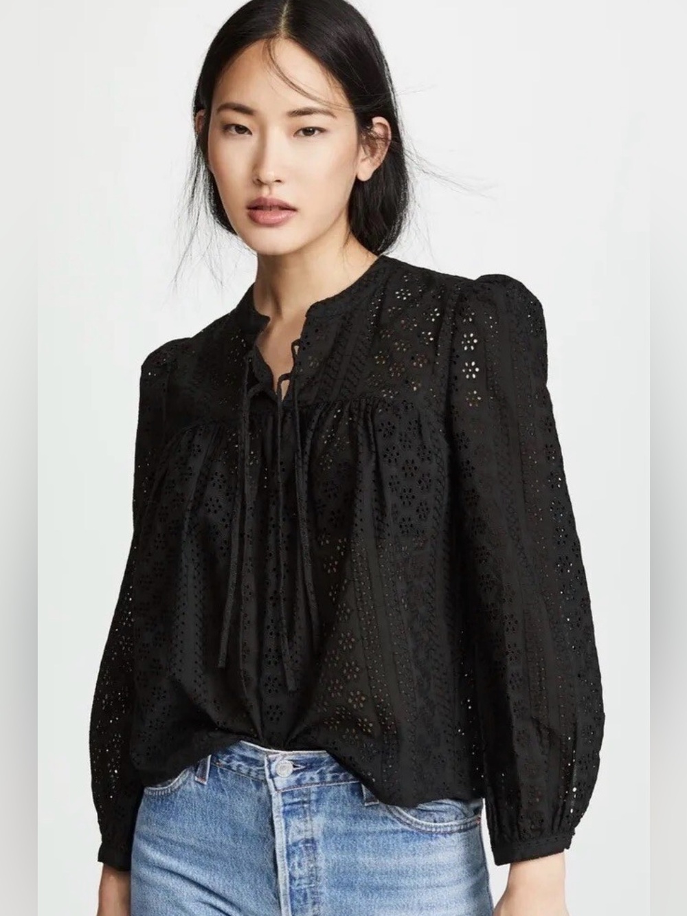 ✨Madewell Eyelet Double-Tie Peasant Top Black Size XS